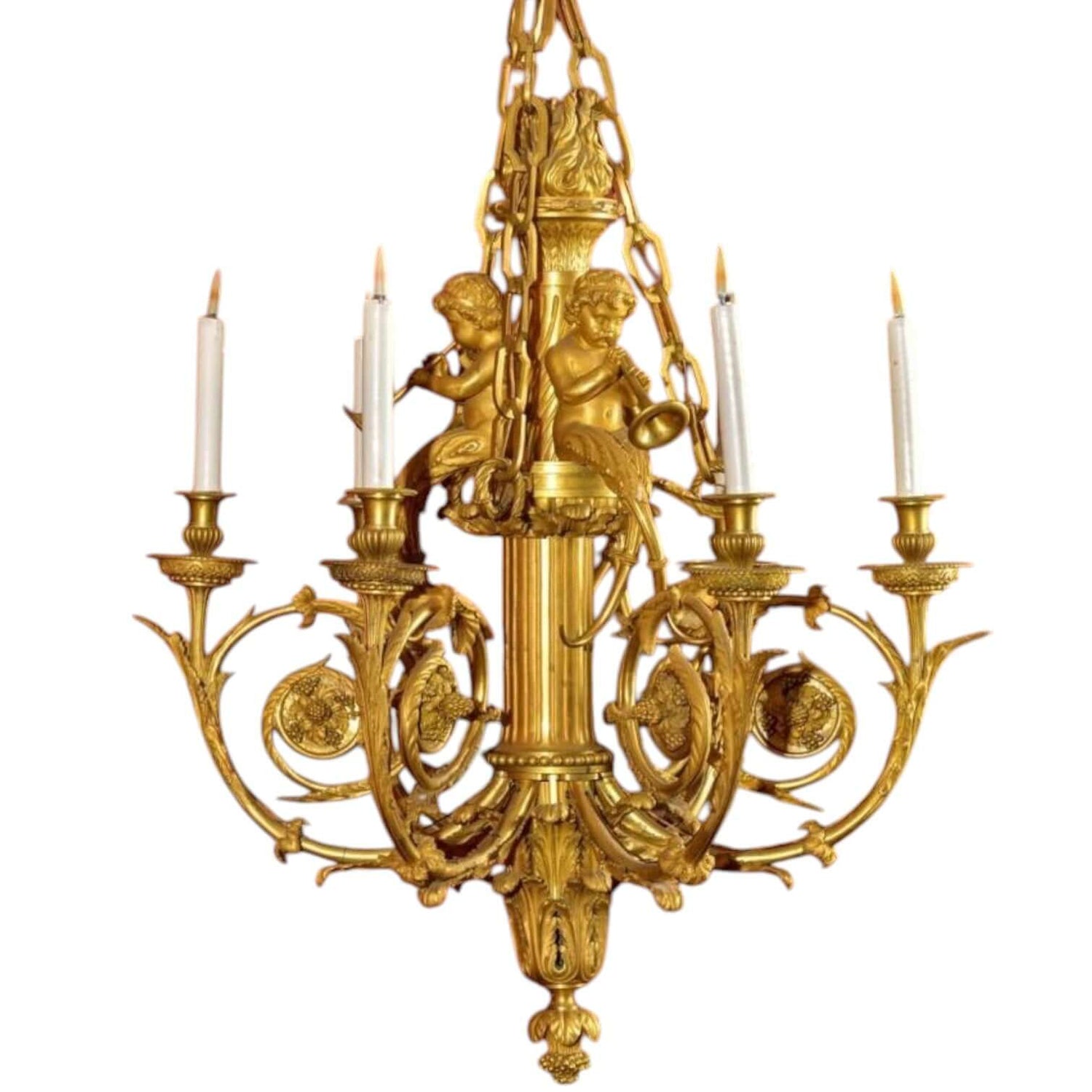 Elegant gold chandelier with cherubs, featuring multiple candle holders for stylish lighting.
