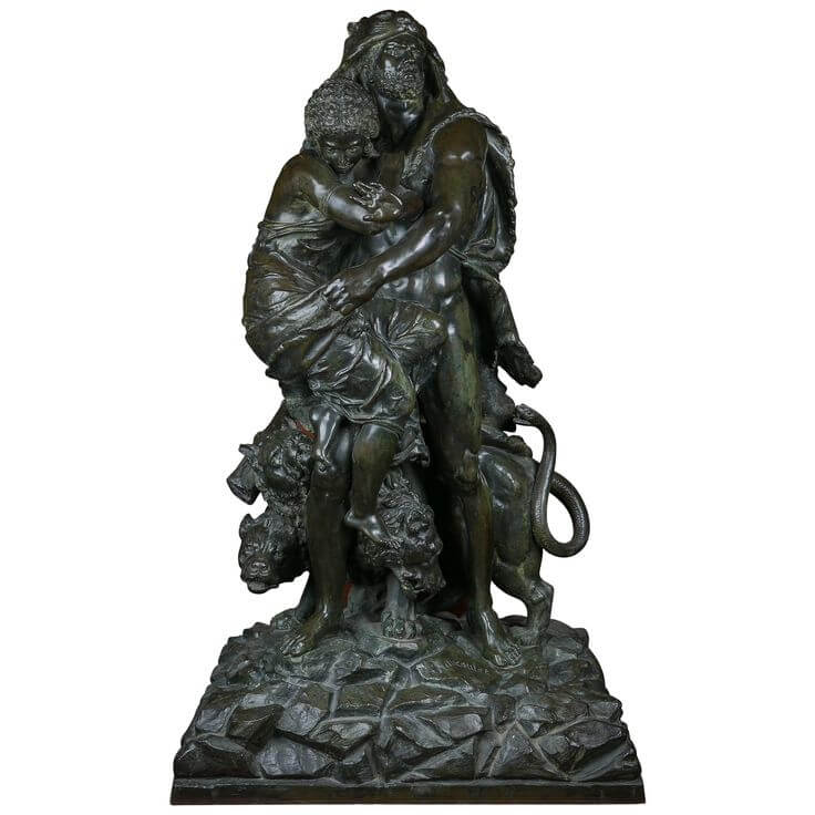 A detailed bronze sculpture depicting a powerful figure holding a child amidst dramatic lions and rugged terrain.