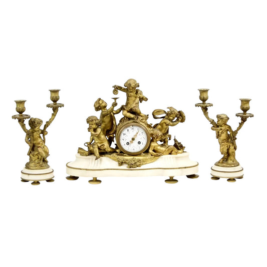 French Louis XVI Style Ormolu Mounted Marble Garniture Set, c late 19th Century - Antiquité Gallery