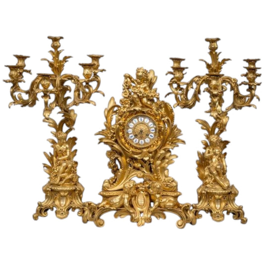 Napoleon III Ormolu Clock Set Garniture - Antiquité Gallery