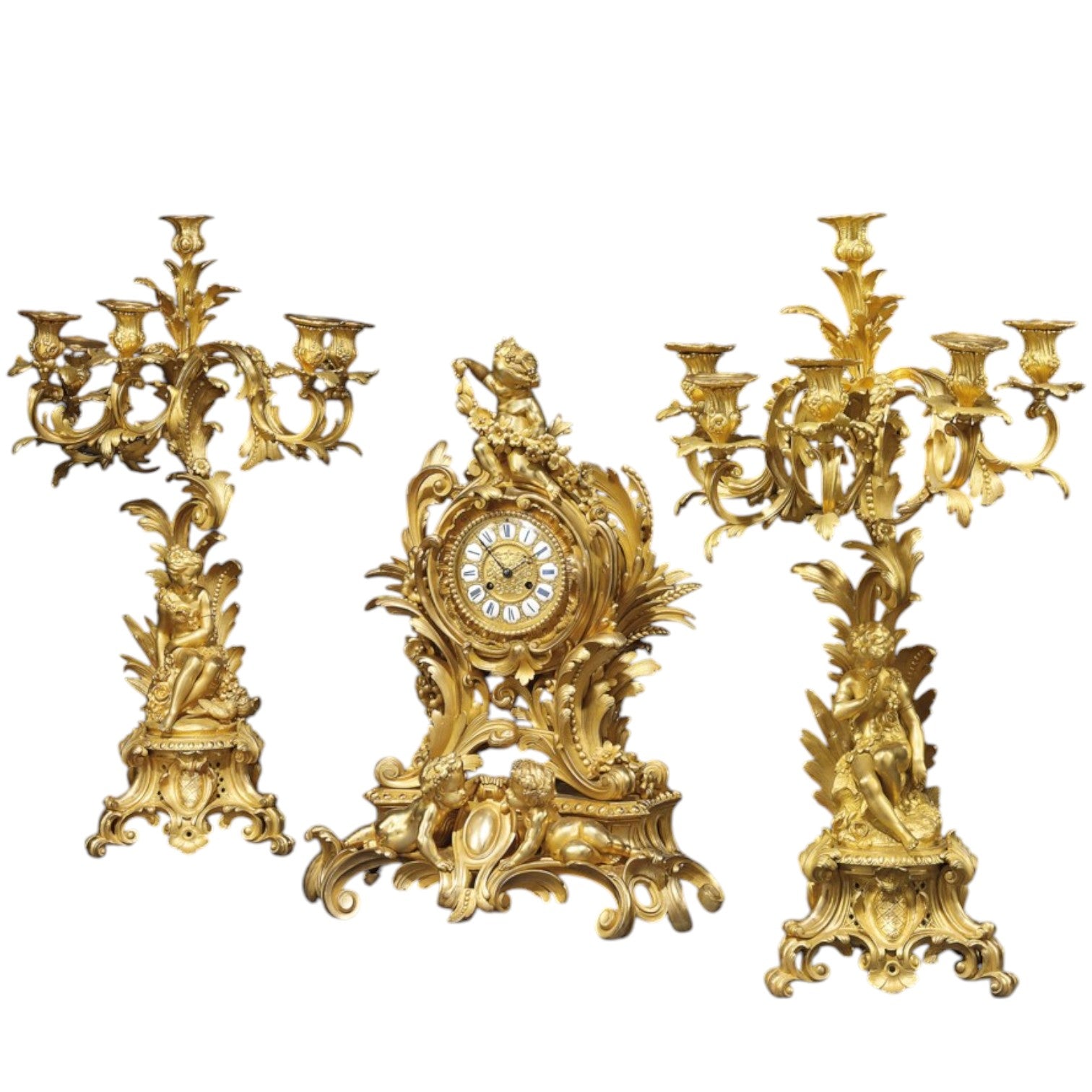 Napoleon III Ormolu Clock Set Garniture - Antiquité Gallery