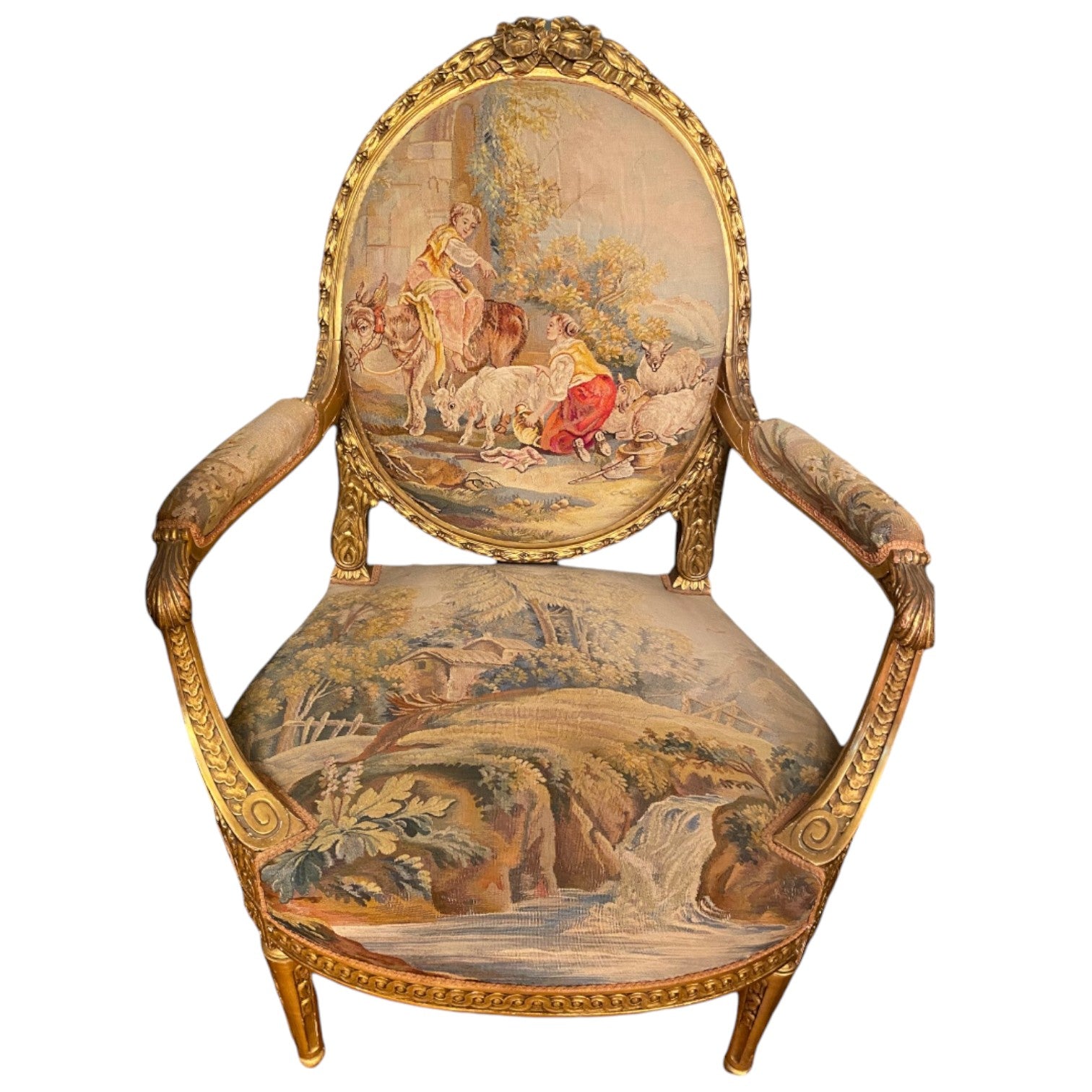 Set of four armchairs and a sofa in gilded wood with decoration - Antiquité Gallery