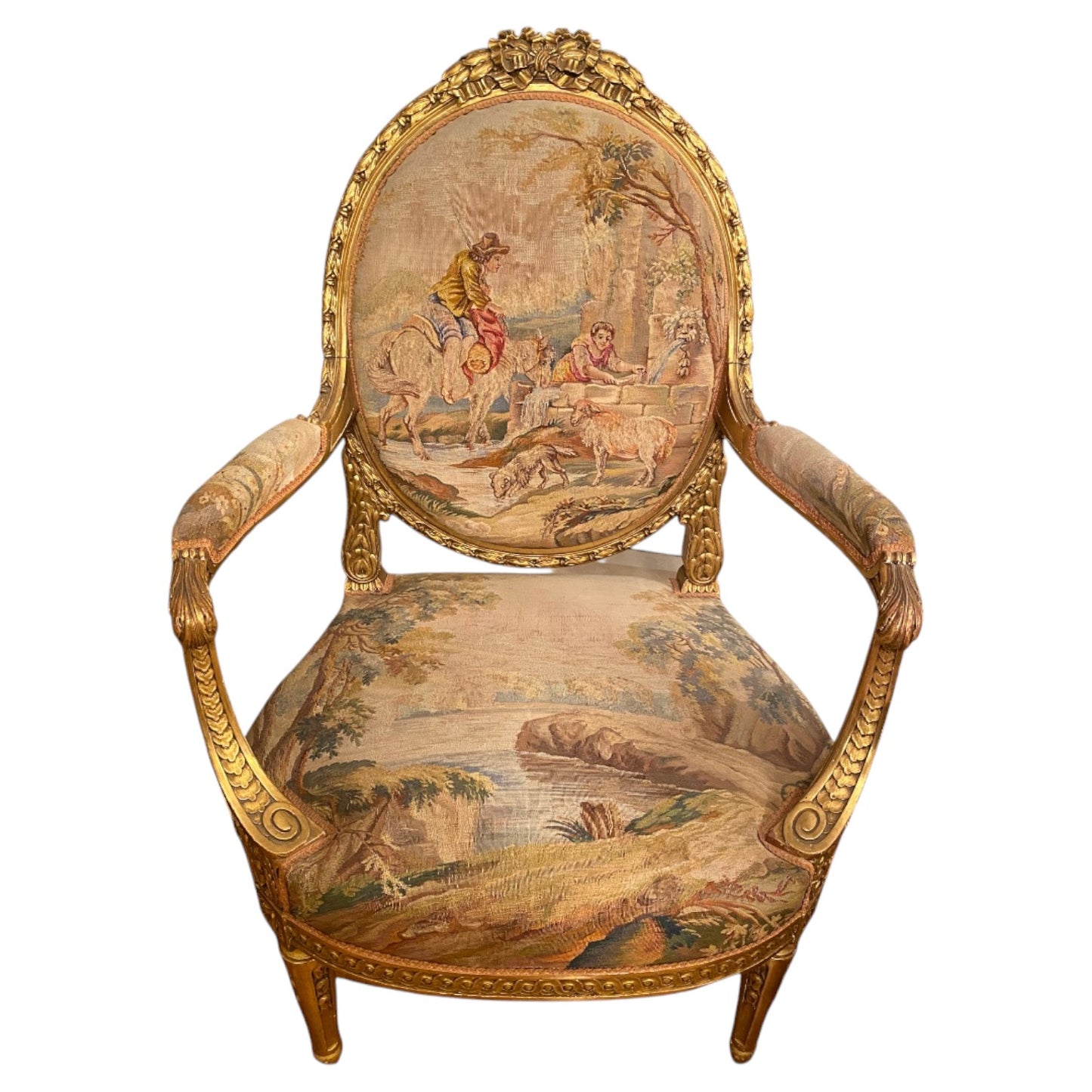Set of four armchairs and a sofa in gilded wood with decoration - Antiquité Gallery