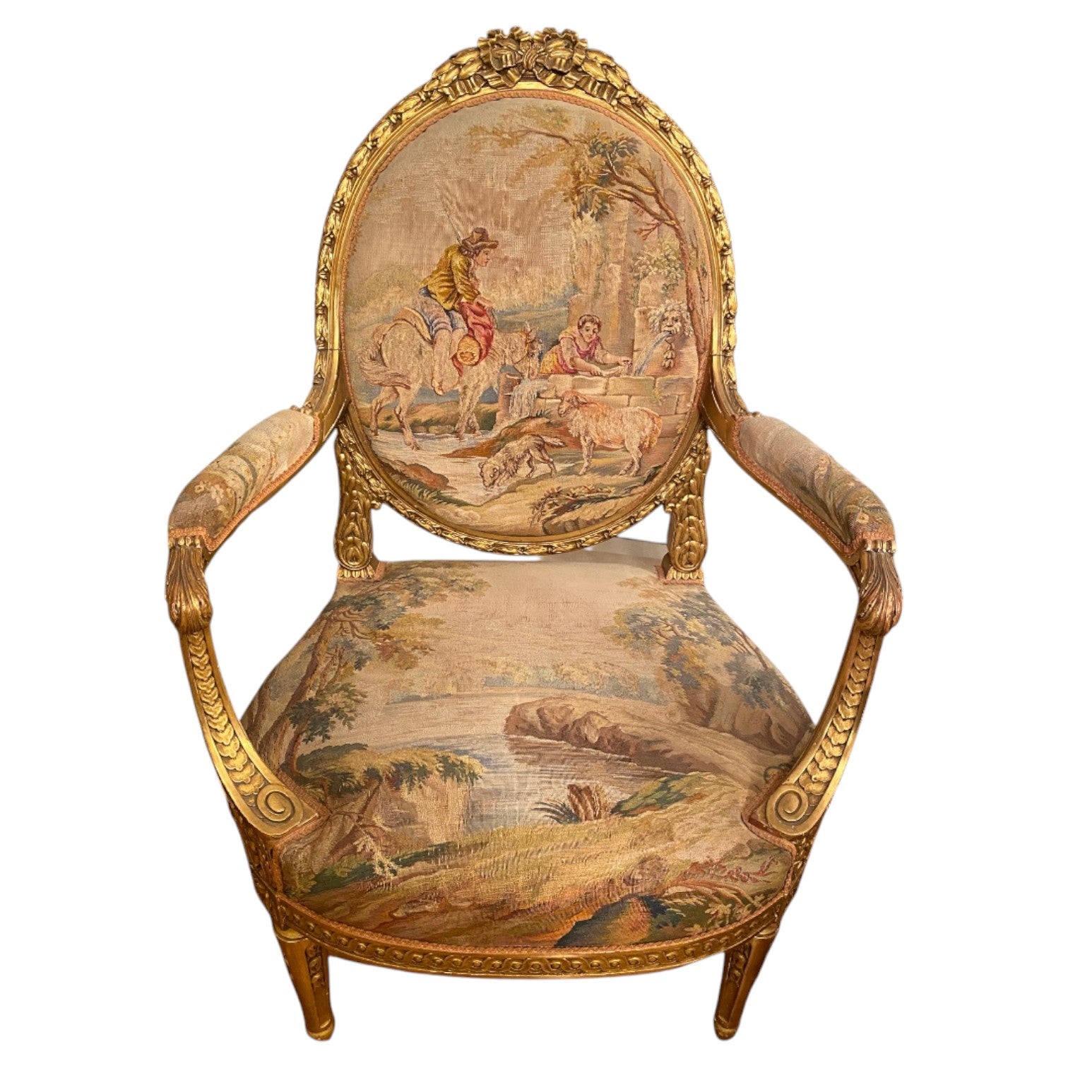 Set of four armchairs and a sofa in gilded wood with decoration - Antiquité Gallery