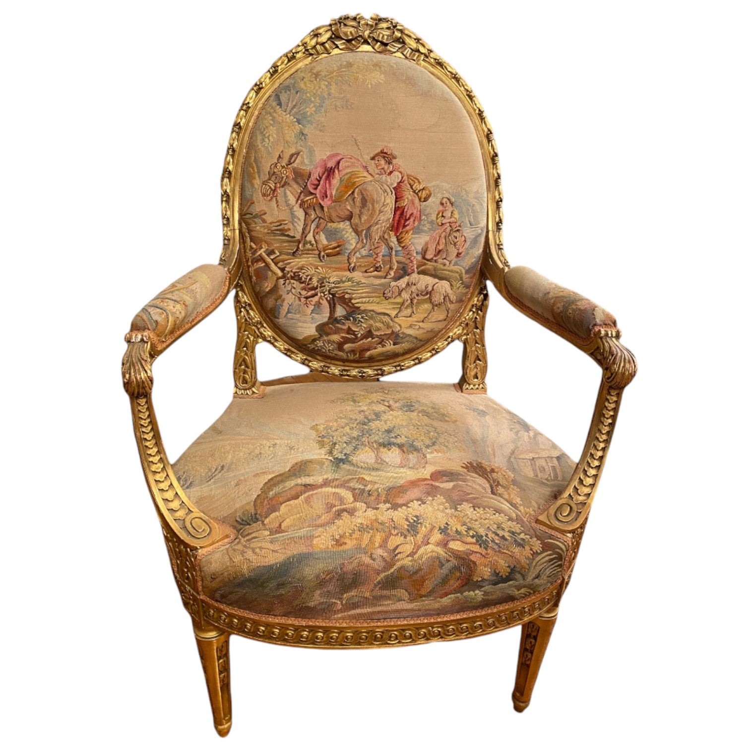 Set of four armchairs and a sofa in gilded wood with decoration - Antiquité Gallery