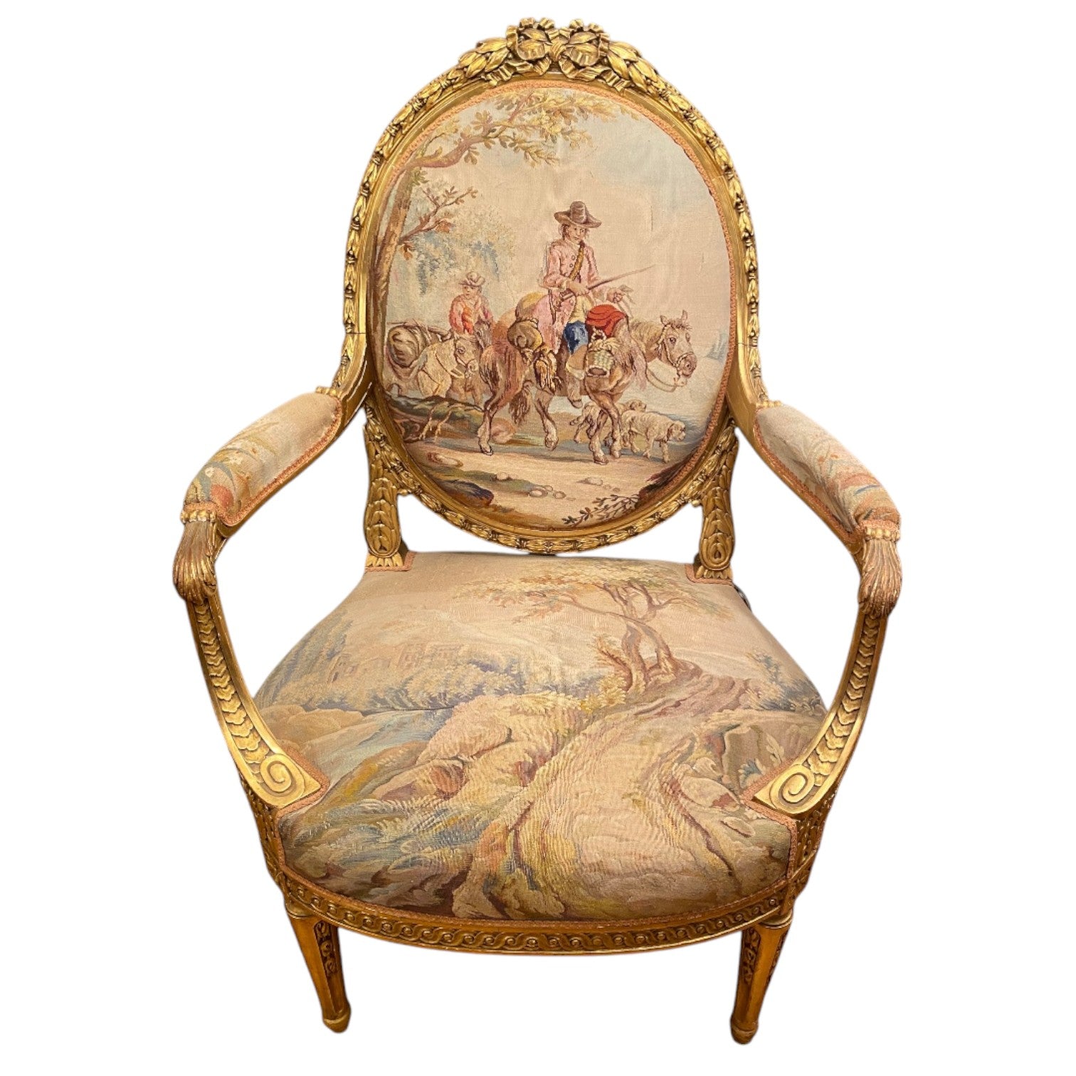 Set of four armchairs and a sofa in gilded wood with decoration - Antiquité Gallery