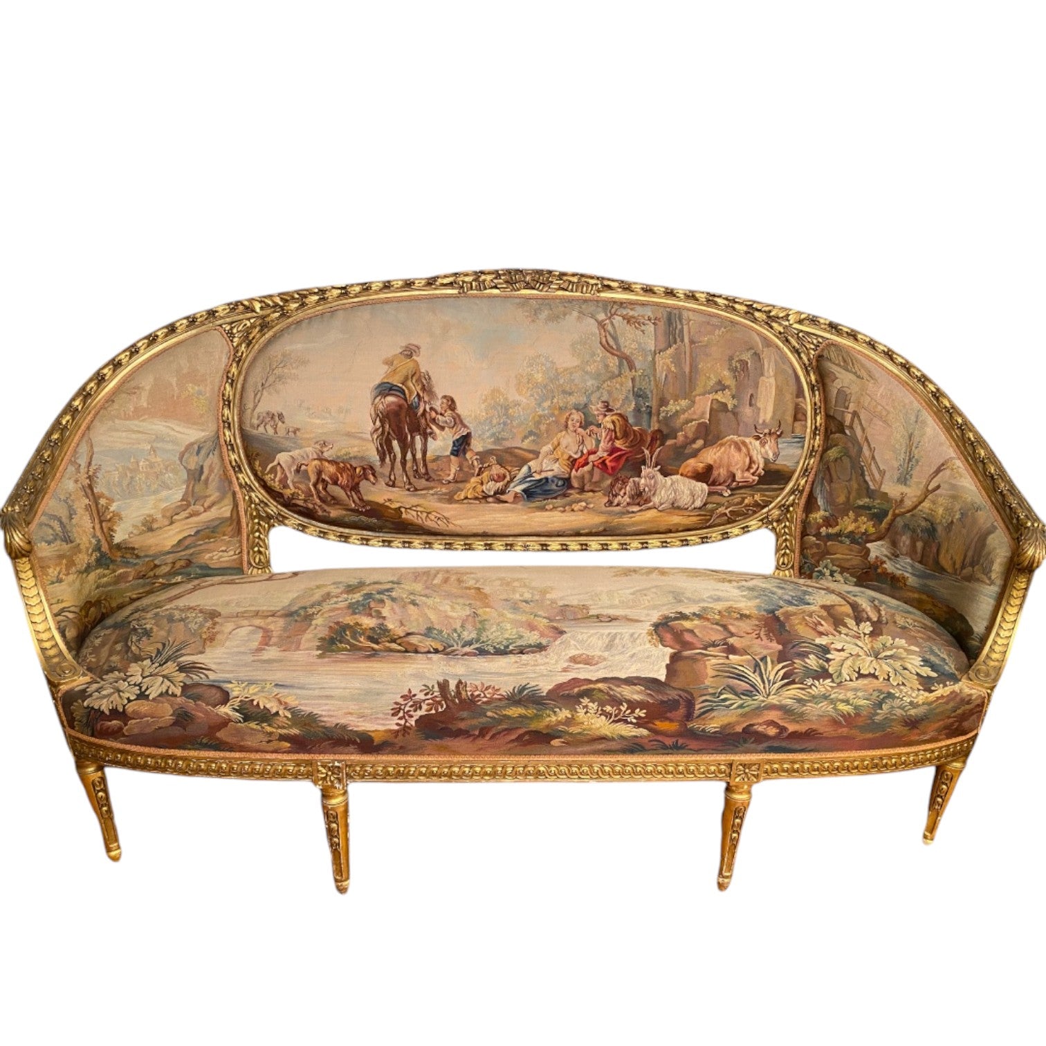 Set of four armchairs and a sofa in gilded wood with decoration - Antiquité Gallery