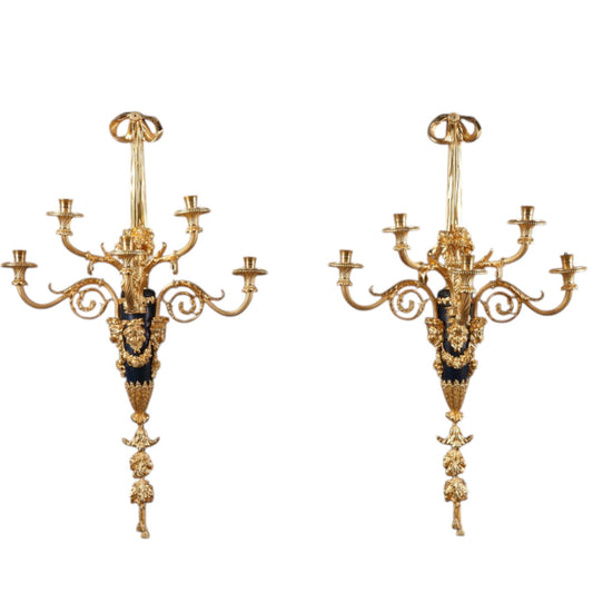 a Pair of Louis XIV Style Gilt-Bronze Five-Light Wall Appliques - Antiquité Gallery