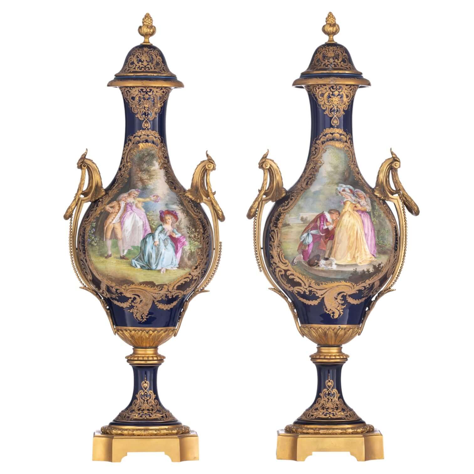 A pair of bleu royale ground Sèvres baluster-shaped vases - Antiquité Gallery