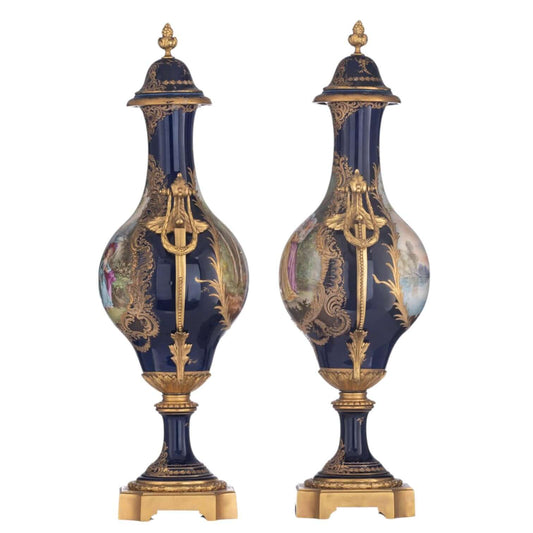 A pair of bleu royale ground Sèvres baluster-shaped vases - Antiquité Gallery
