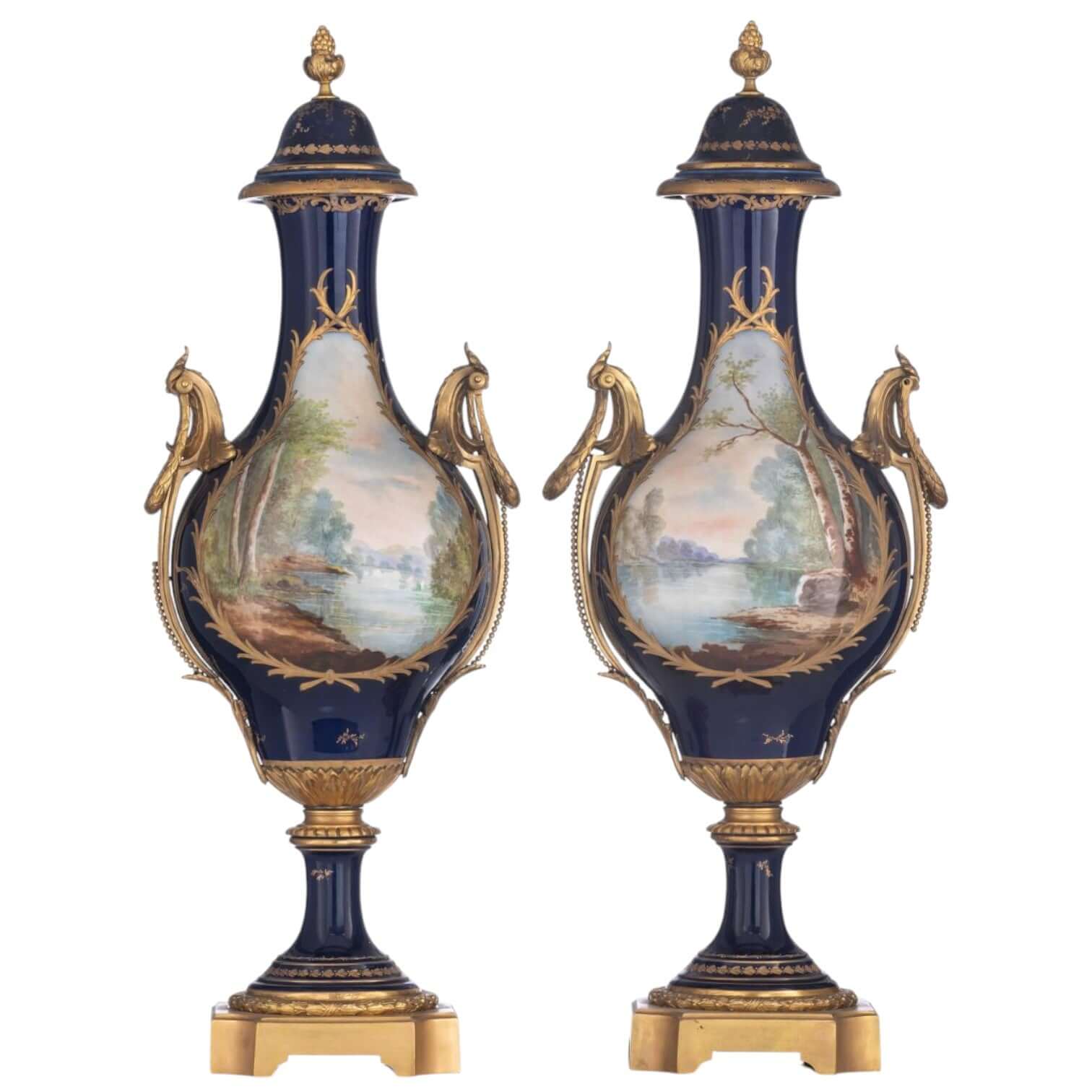 A pair of bleu royale ground Sèvres baluster-shaped vases - Antiquité Gallery