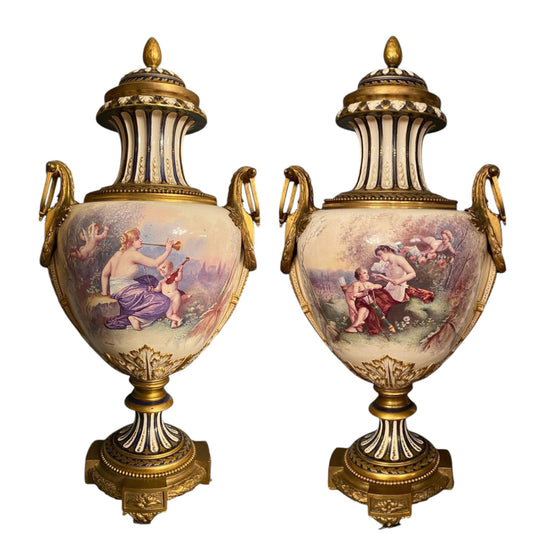 a pair of ormolu-mounted sevres style white-ground vases and covers signed l. malpass - Antiquité Gallery