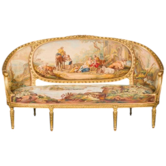 Set of four armchairs and a sofa in gilded wood with decoration - Antiquité Gallery