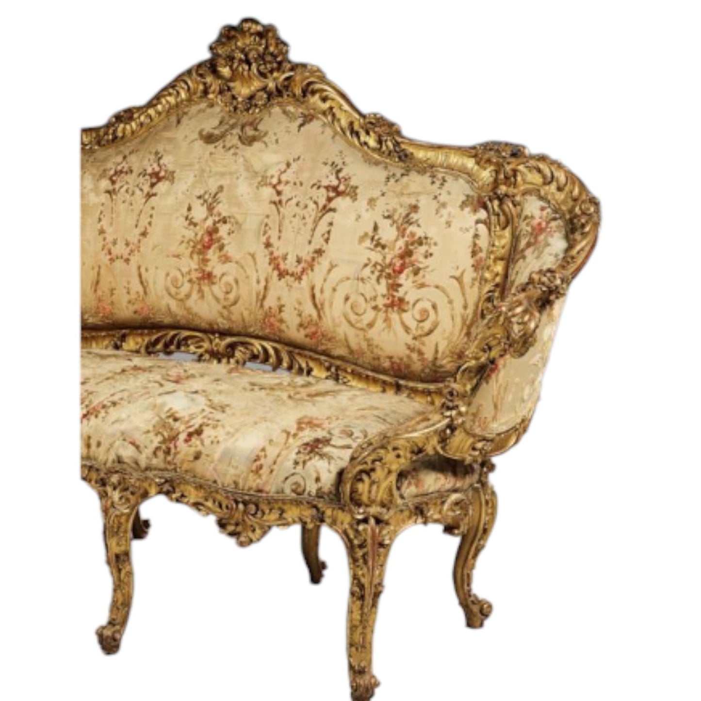 Molded, carved, and gilded wood sofa with rich decoration on all sides - Antiquité Gallery