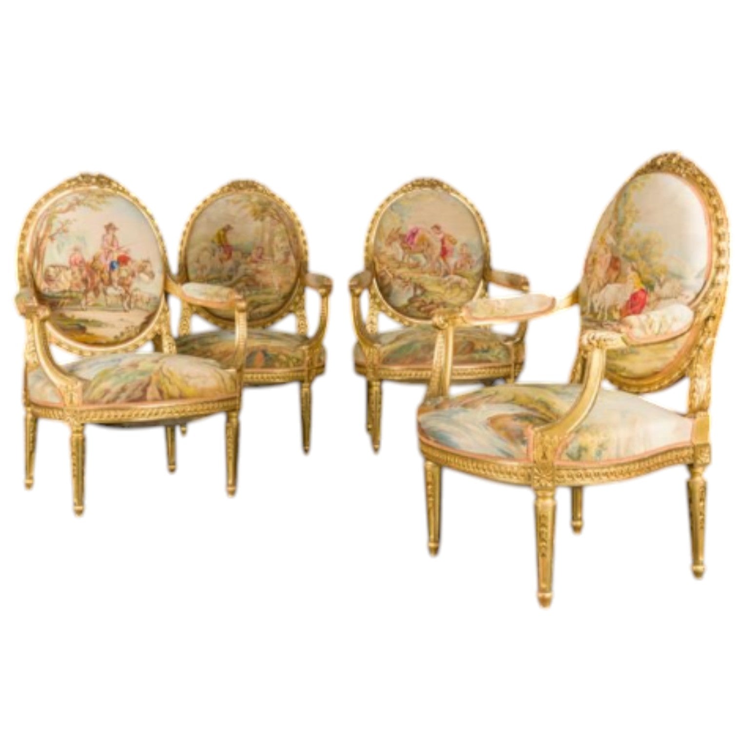 Set of four armchairs and a sofa in gilded wood with decoration - Antiquité Gallery