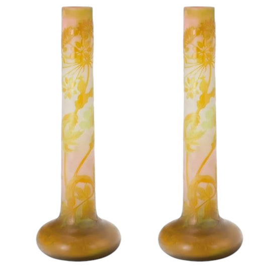 Pair of Émile Gallé Art Nouveau Cameo Glass Vases, Floral Design in Amber and Yellow - Antiquité Gallery