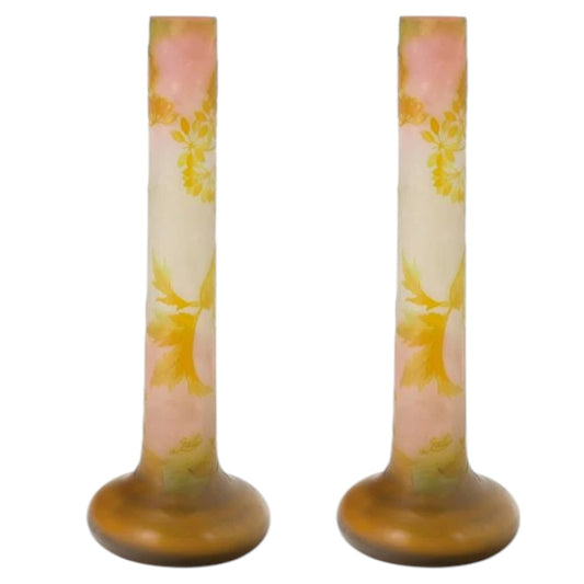 Pair of Émile Gallé Art Nouveau Cameo Glass Vases, Floral Design in Amber and Yellow - Antiquité Gallery