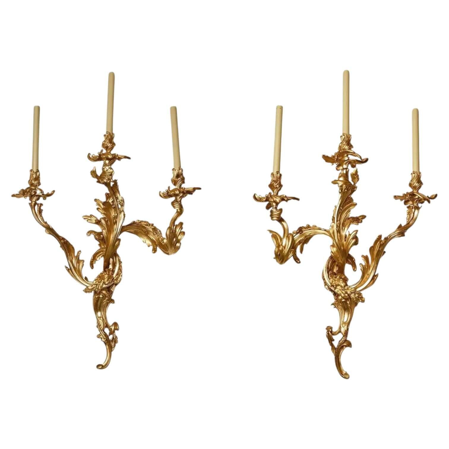 A Pair Of Louis XV Style Ormolu Three Branch Wall Lights - Antiquité Gallery