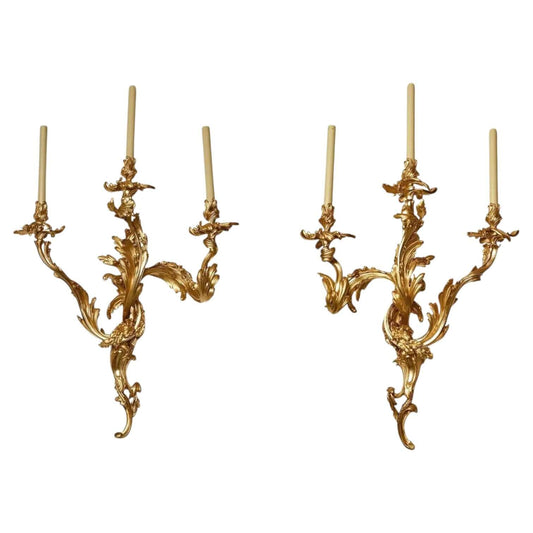 A Pair Of Louis XV Style Ormolu Three Branch Wall Lights - Antiquité Gallery