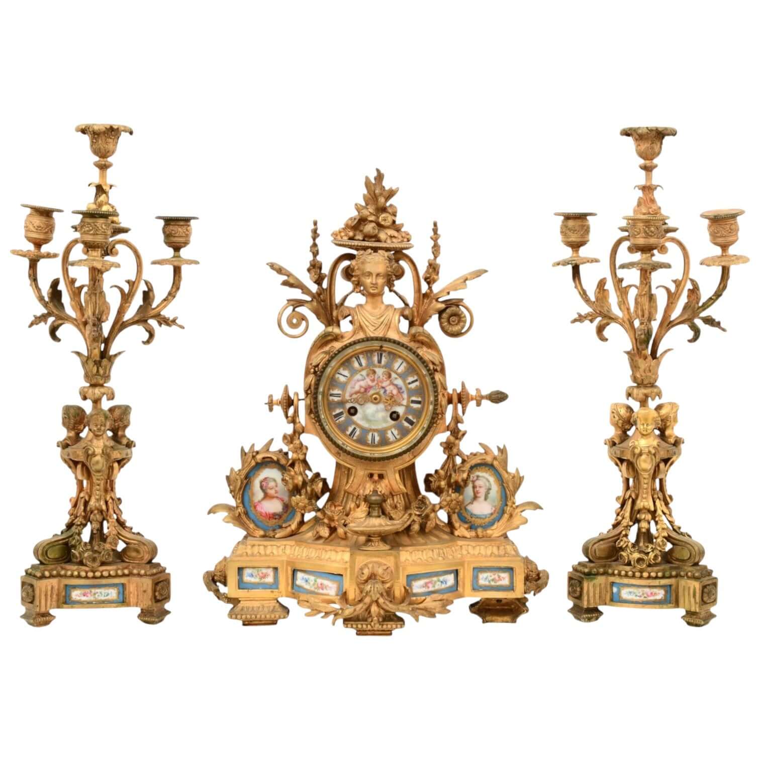 French Gilt Bronze &amp; Porcelain Clock Garniture - Antiquité Gallery