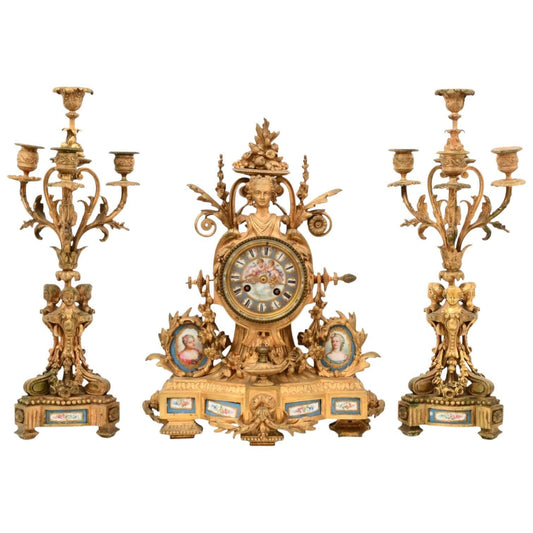 French Gilt Bronze &amp; Porcelain Clock Garniture - Antiquité Gallery