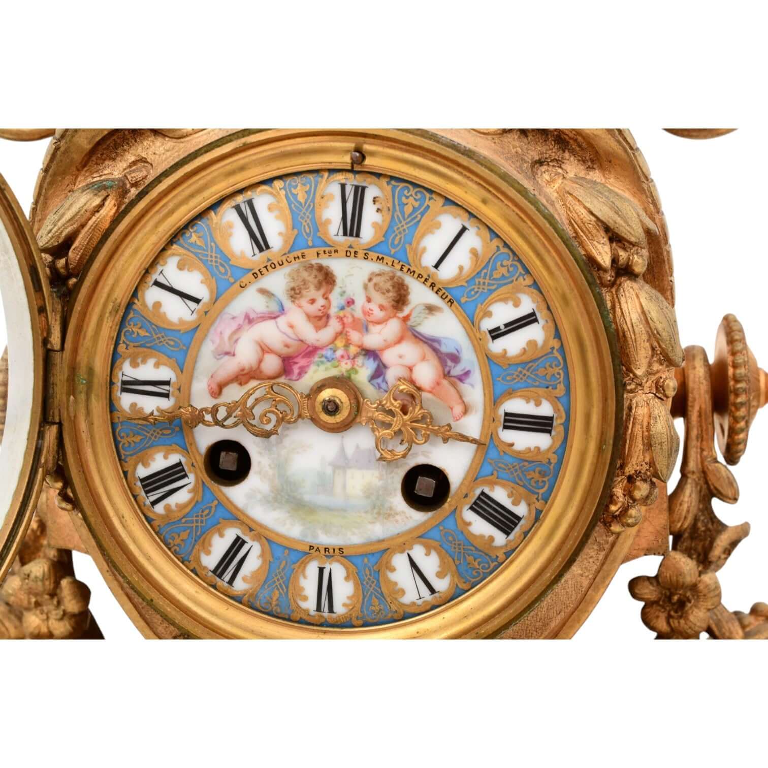 French Gilt Bronze &amp; Porcelain Clock Garniture - Antiquité Gallery