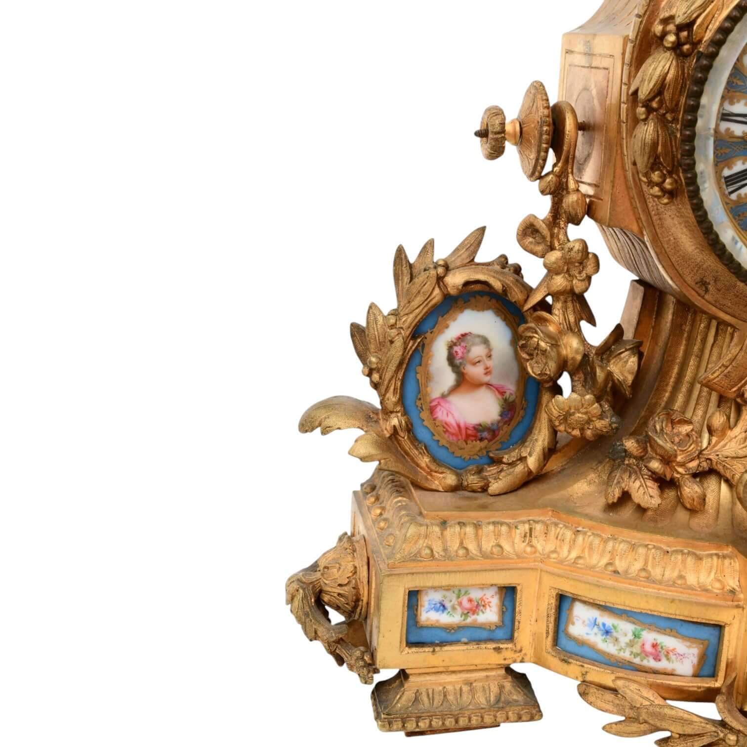 French Gilt Bronze &amp; Porcelain Clock Garniture - Antiquité Gallery