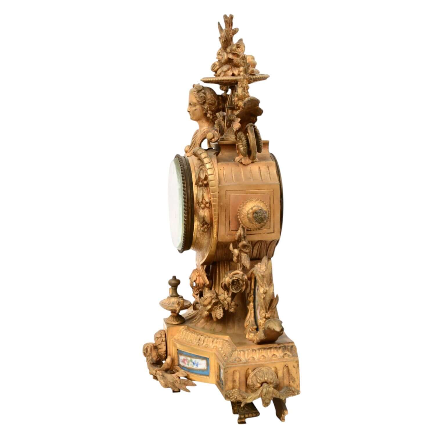 French Gilt Bronze &amp; Porcelain Clock Garniture - Antiquité Gallery