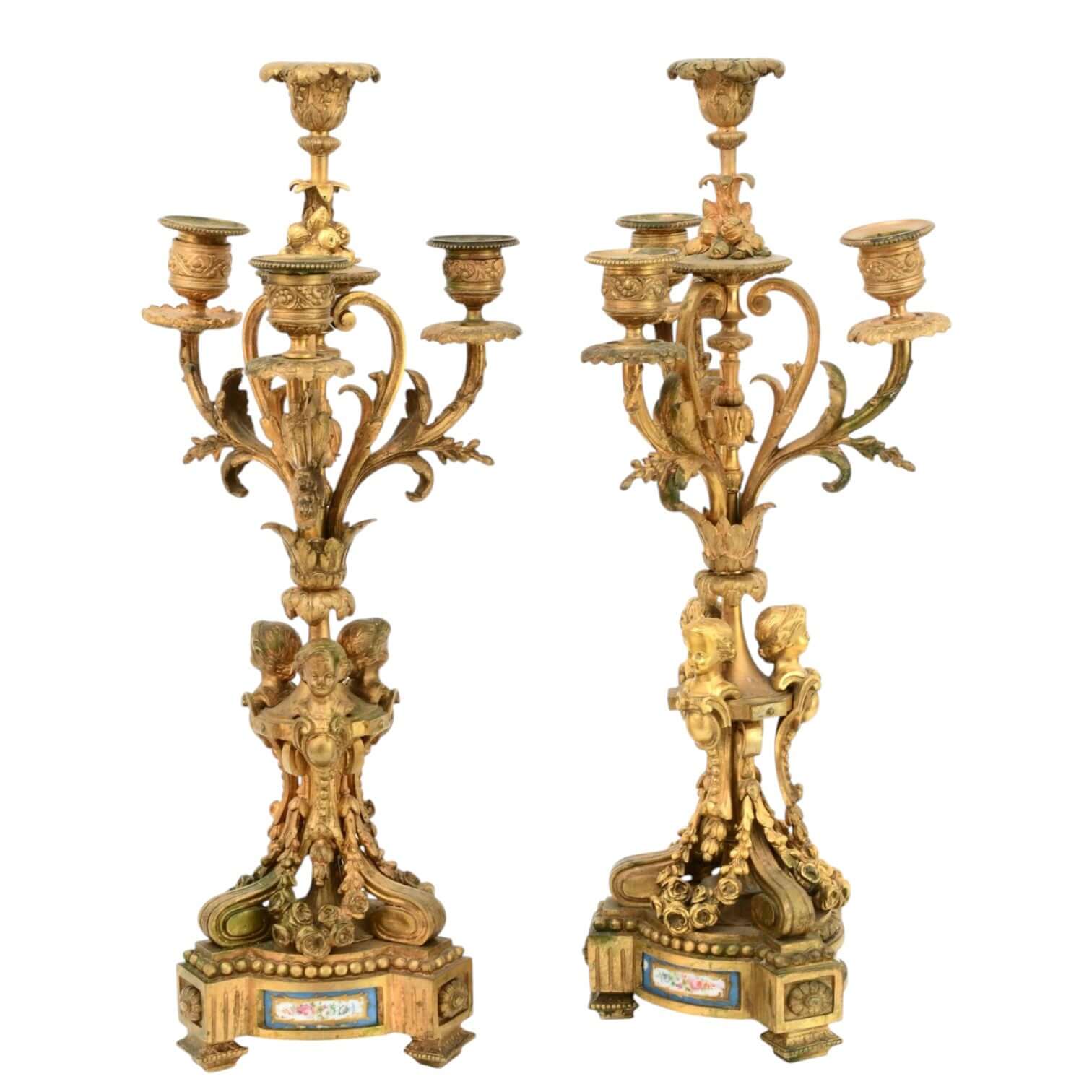 French Gilt Bronze &amp; Porcelain Clock Garniture - Antiquité Gallery
