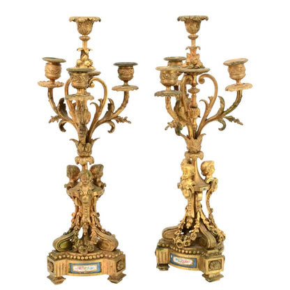 French Gilt Bronze &amp; Porcelain Clock Garniture - Antiquité Gallery