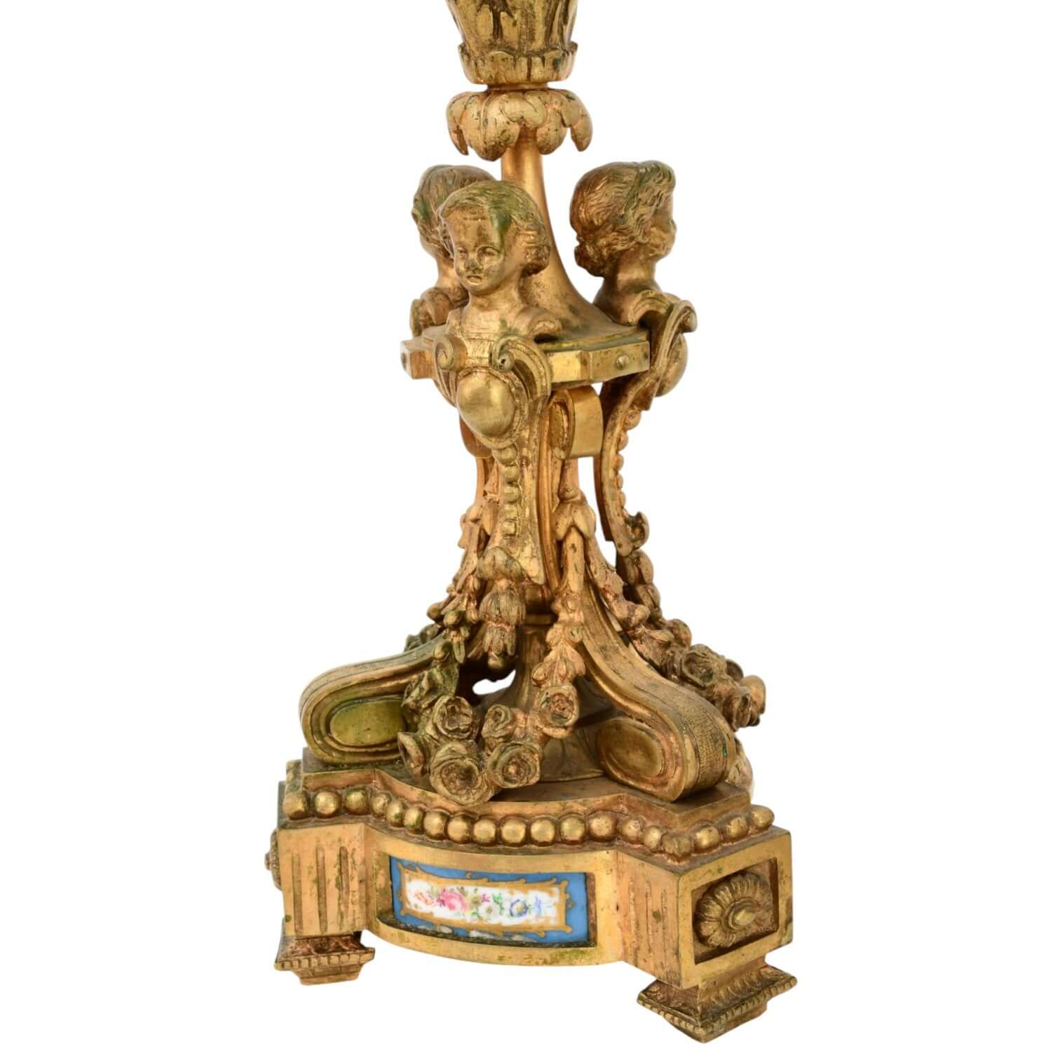 French Gilt Bronze &amp; Porcelain Clock Garniture - Antiquité Gallery